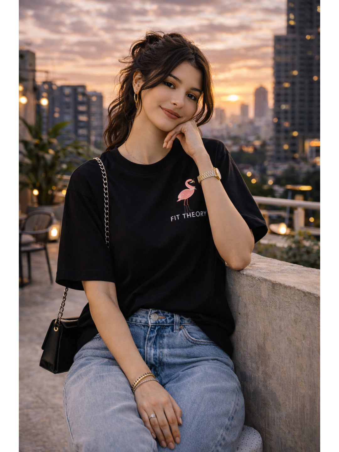Women Oversized Tshirts - Black Flamingo