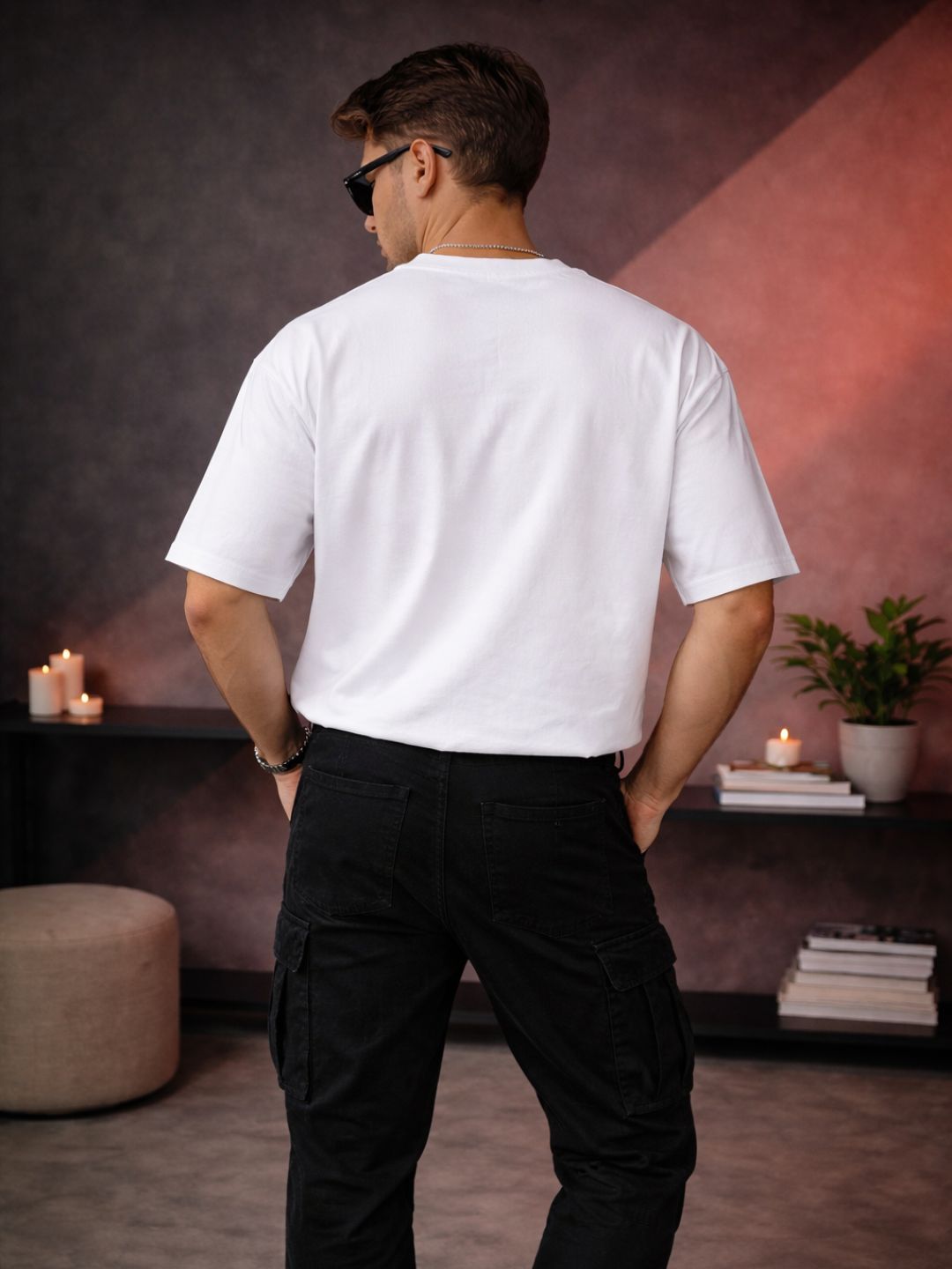 Men Oversized Boxy Tshirt - White with Red Pocket