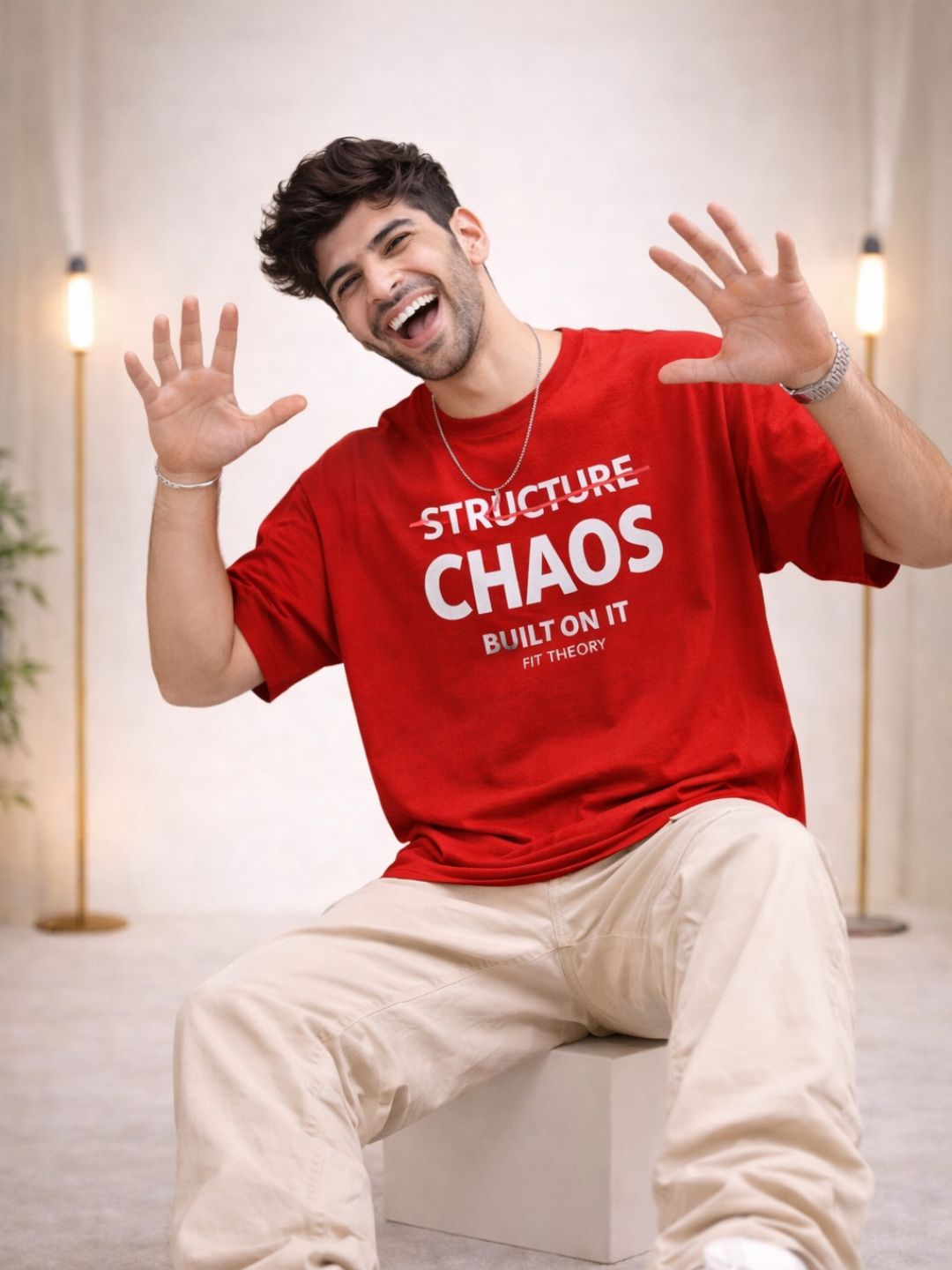 Men Oversized Boxy Tshirt - Red Structure Chaos