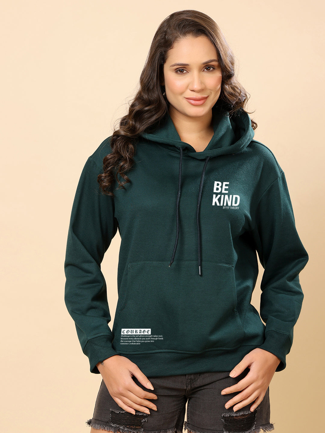 Women Relaxed Fit Hooded Sweatshirt-Bottle Green Be Kind