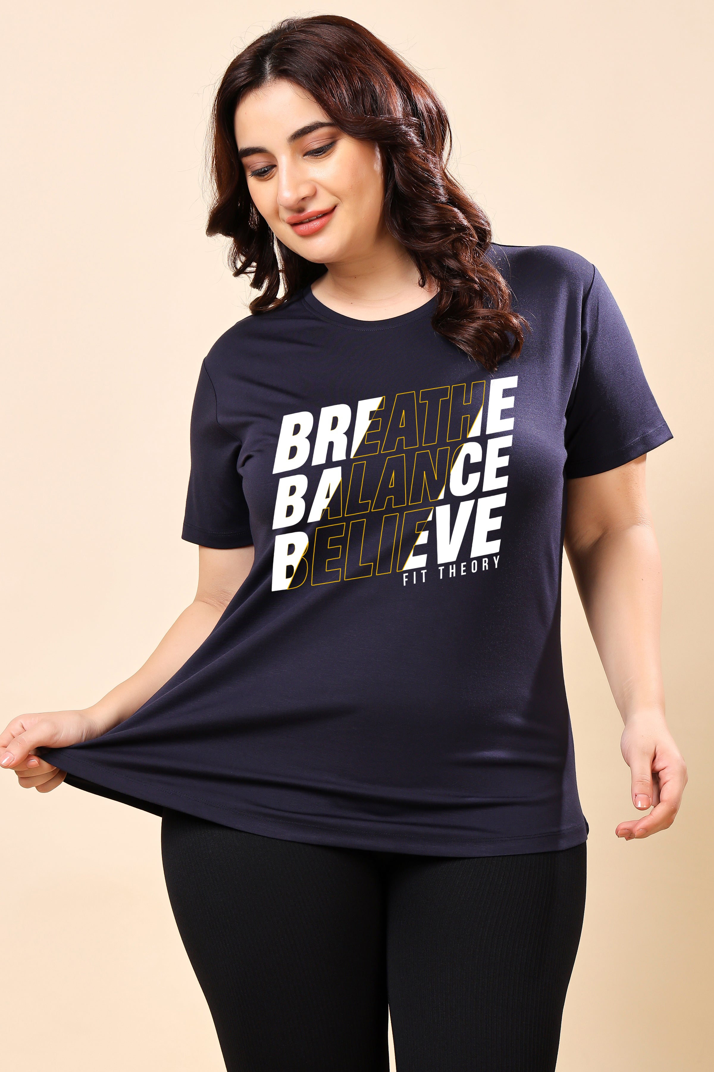 TheFitFusion Half Sleeve Top -Navy Breathe Balance