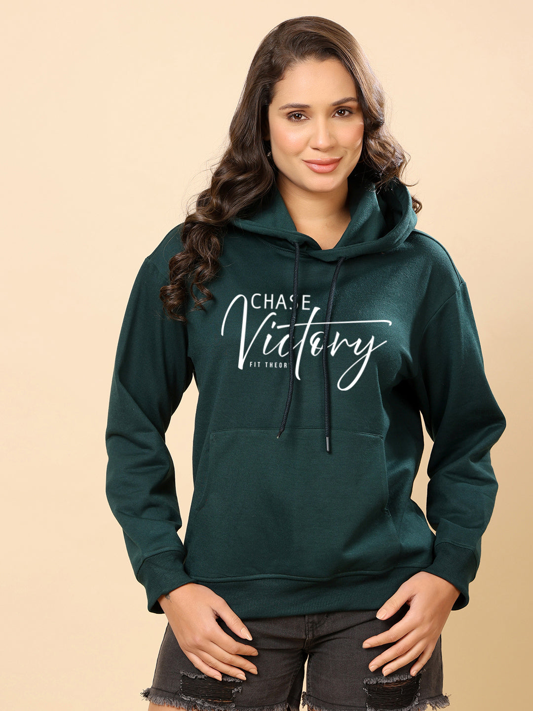 Women Relaxed Fit Hooded Sweatshirt-Bottle Green Chase Victory