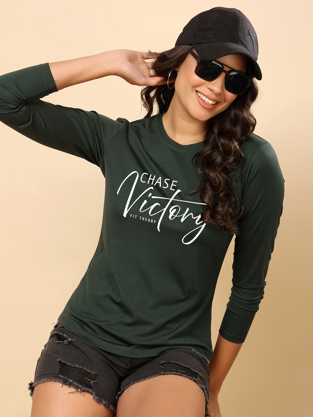 Women Printed Full Sleeves T-shirt-Bottle Green Chase Victory