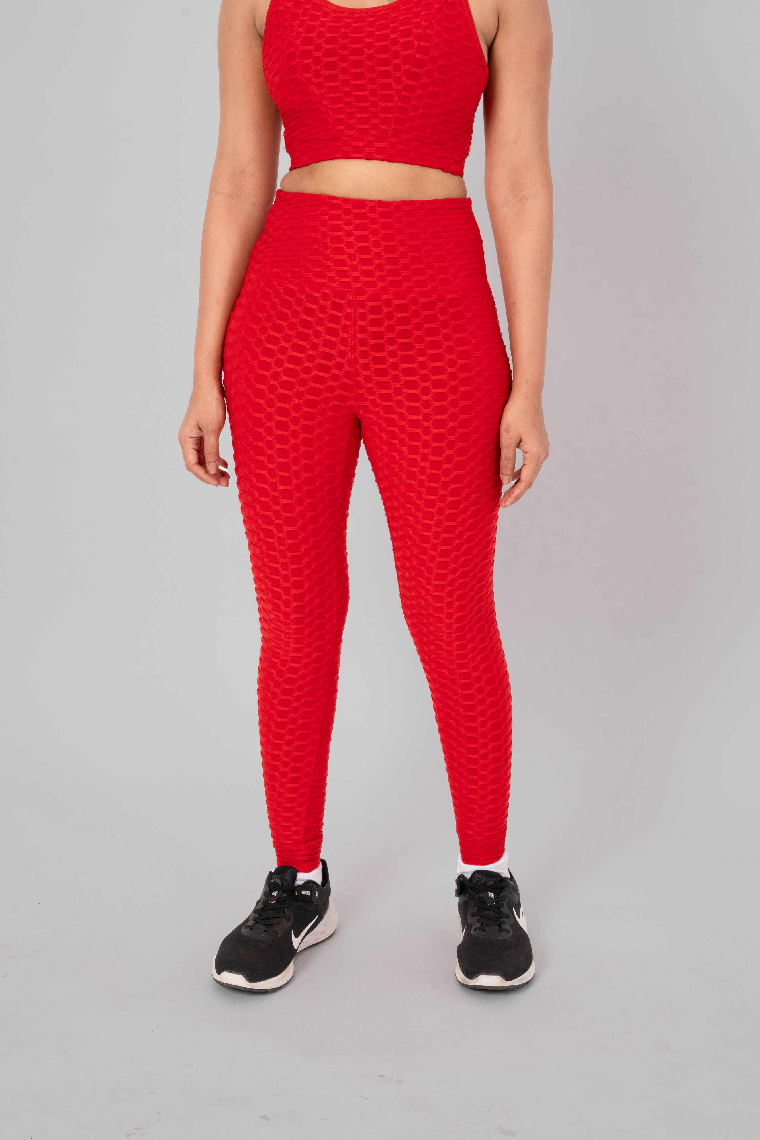 Woman in workout leggings, Red- front view showing high-waisted fit and anti-camel toe feature.@@@color_Red