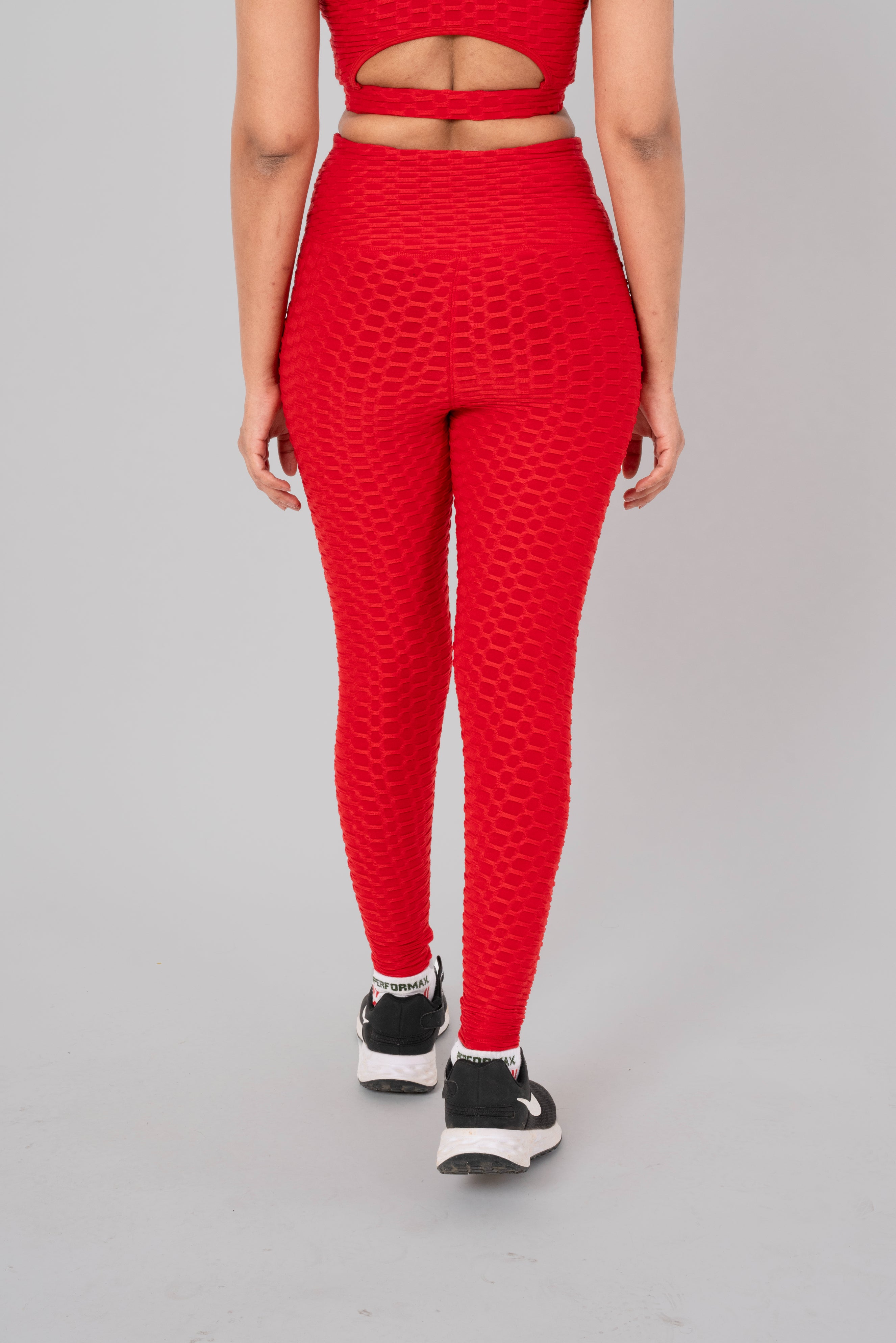 Woman in workout leggings, Red - back view showcasing and high-waisted support.@@@color_Red