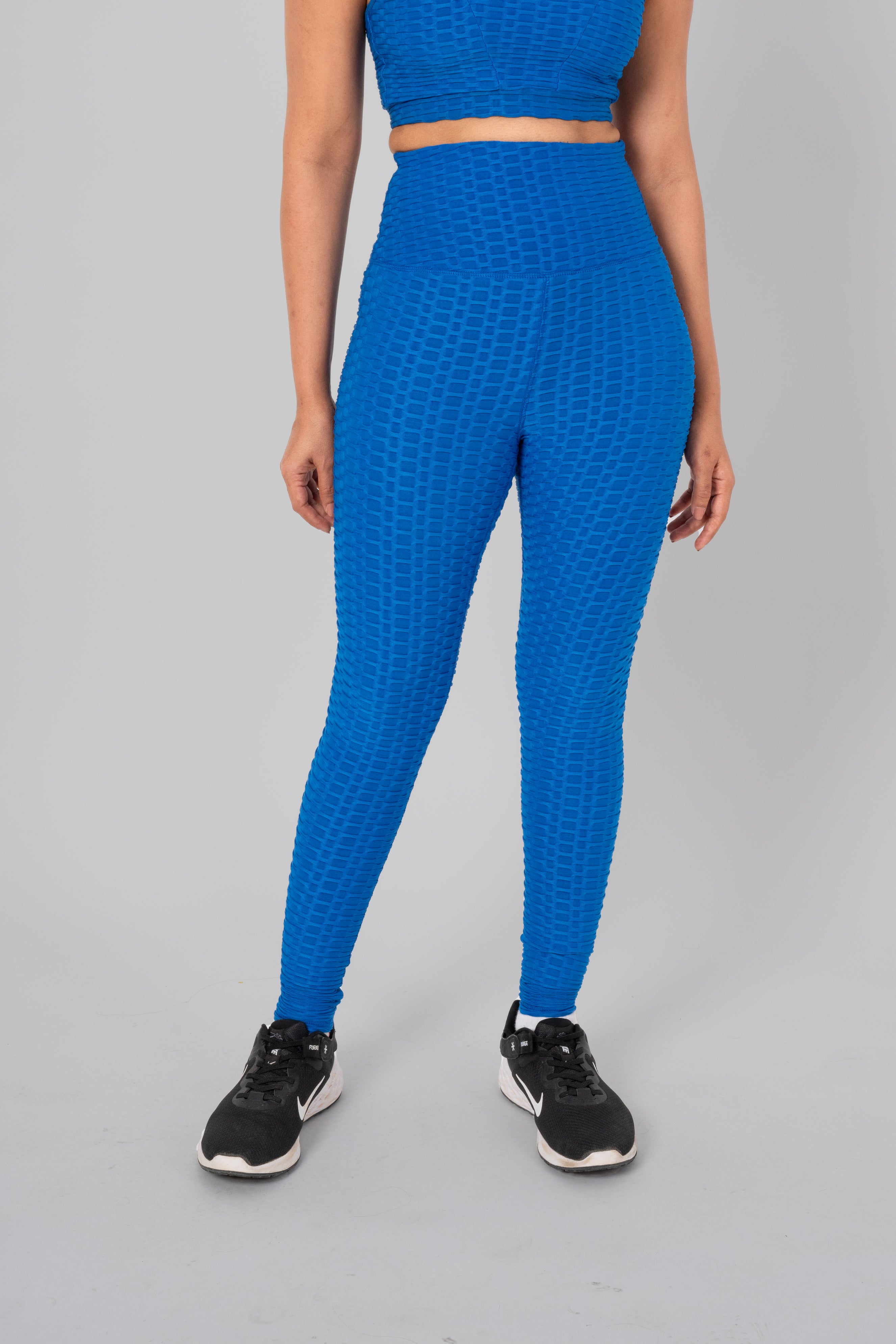 Woman in workout leggings, Teal Blue - front view showing high-waisted fit and anti-camel toe feature.@@@color_Teal-Blue