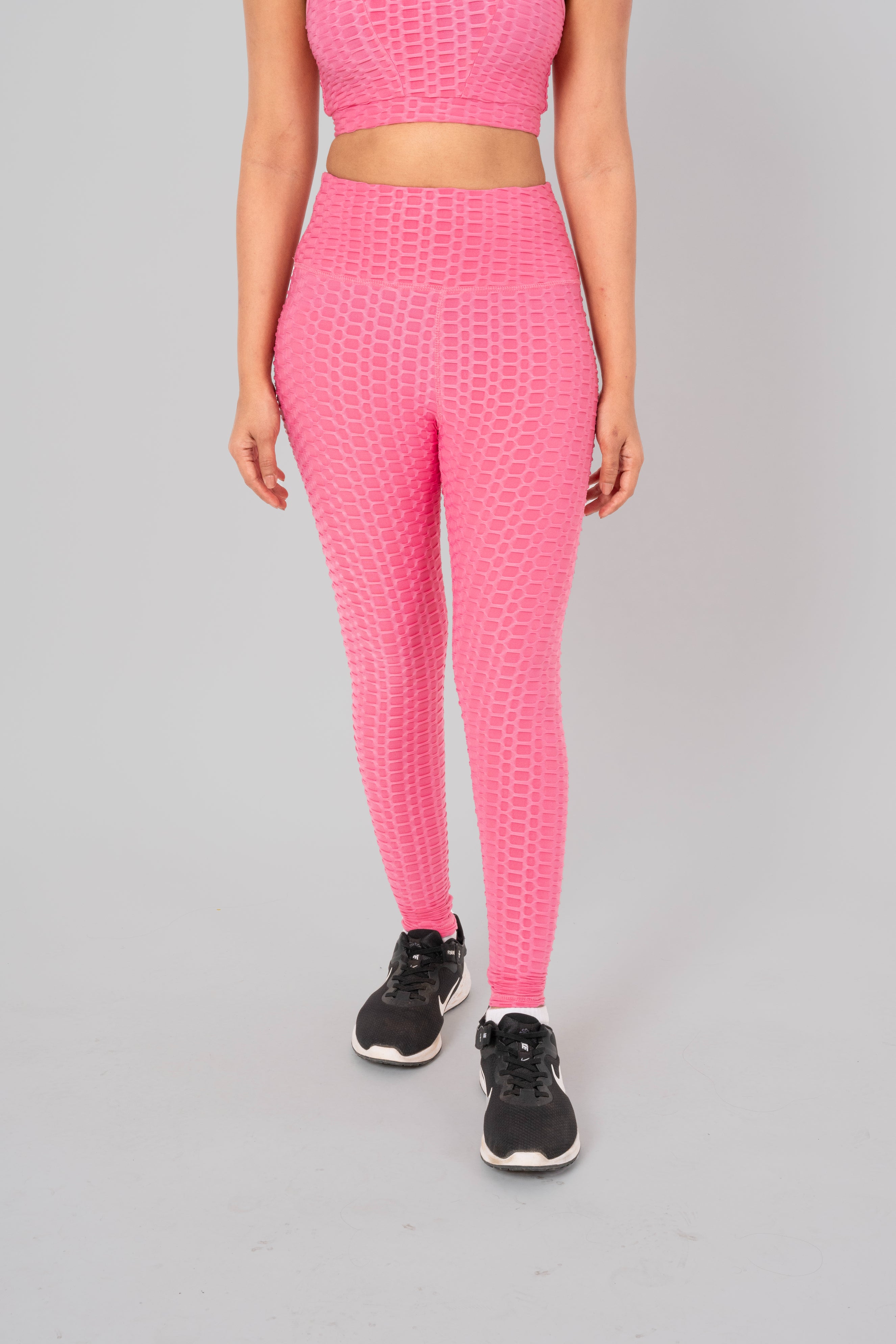 Woman in workout leggings, Pink - front view showing high-waisted fit and anti-camel toe feature.@@@color_Pink