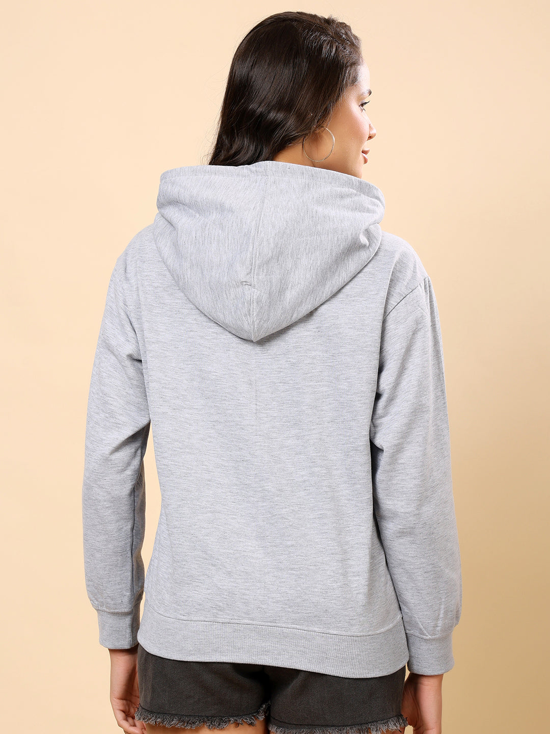 Women Relaxed Fit Hooded Sweatshirt-Grey Melange