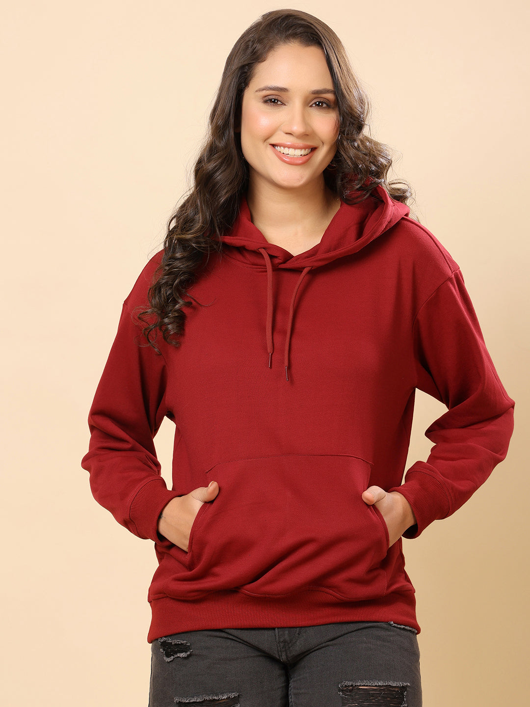 Women Relaxed Fit Hooded Sweatshirt-Maroon