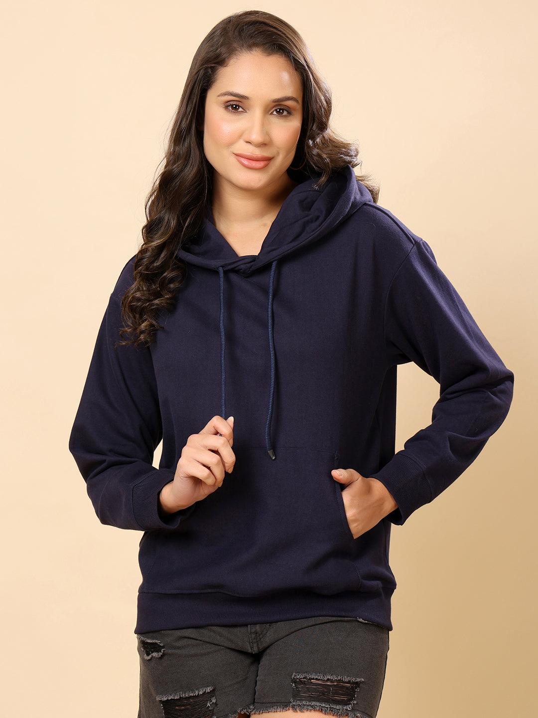 Women Relaxed Fit Hooded Sweatshirt-Navy Blue