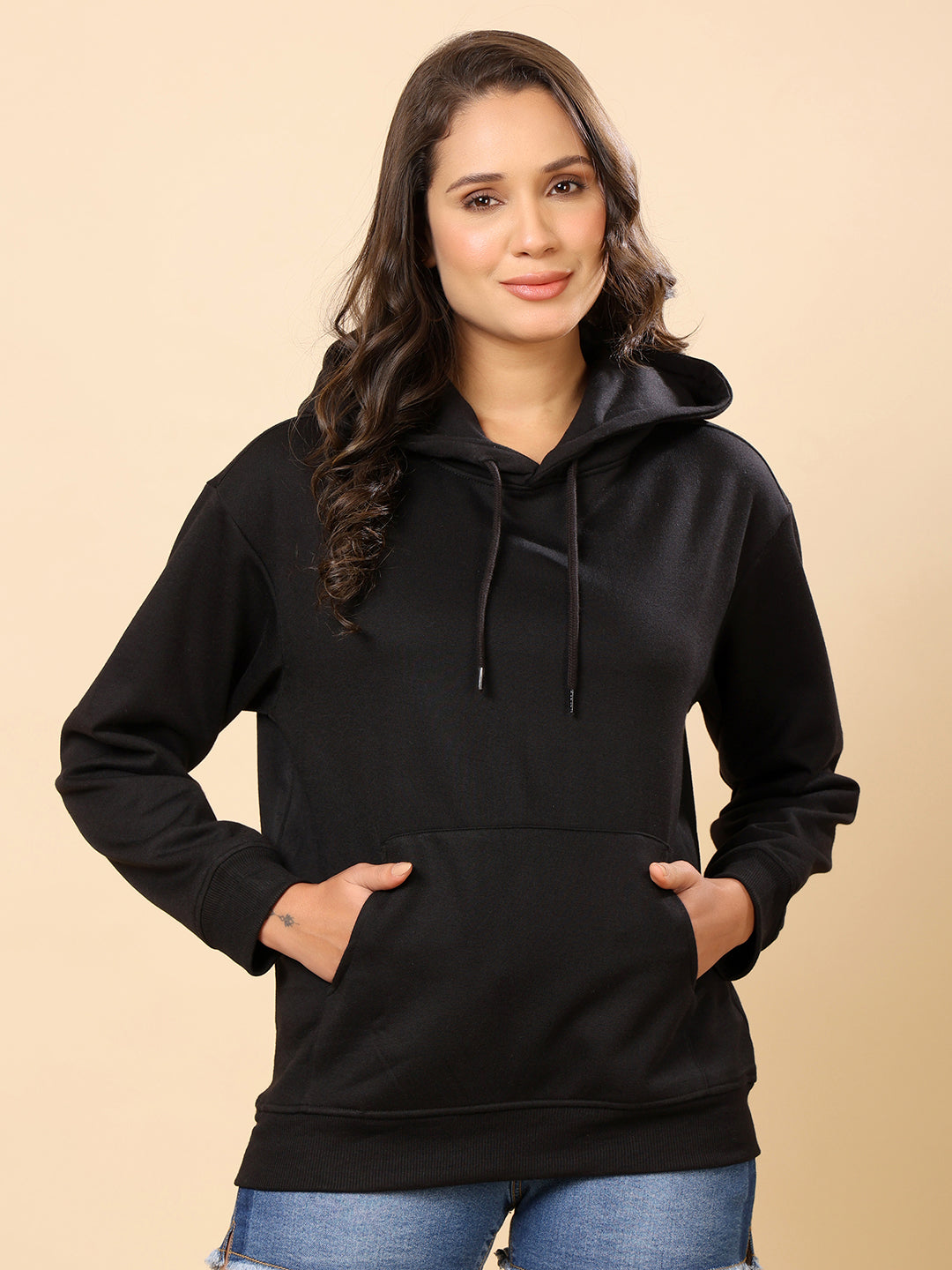 Women Relaxed Fit Hooded Sweatshirt-Black