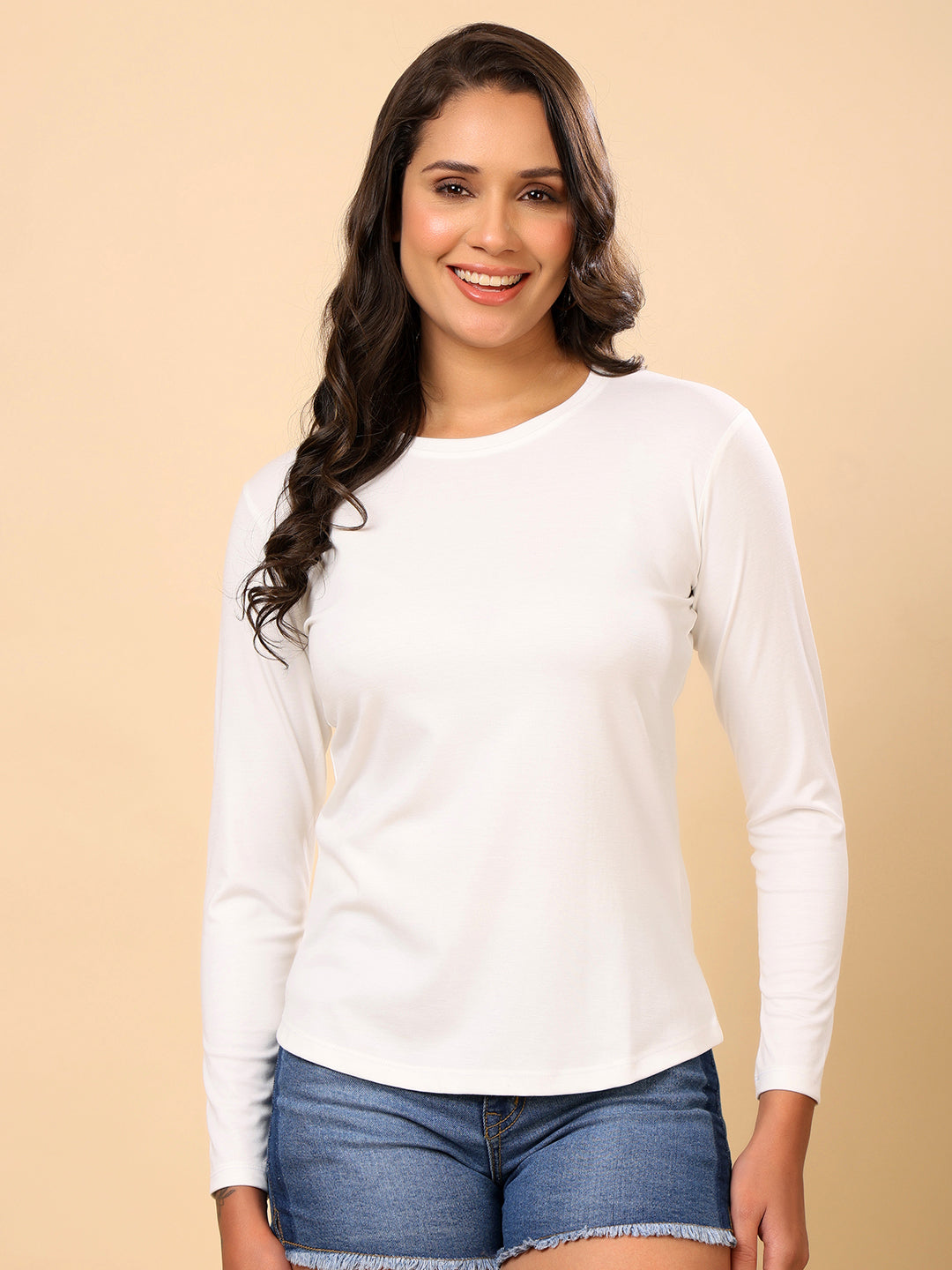 Women Moisture Wicking Solid Round Neck Full Sleeves T-shirt-White
