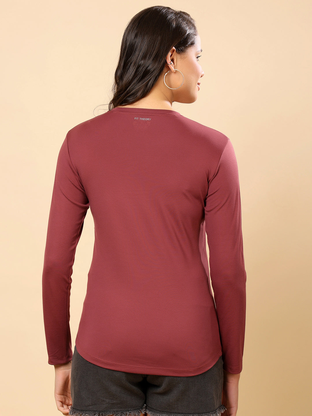 Women Moisture Wicking Solid Round Neck Full Sleeves T-shirt-Maroon