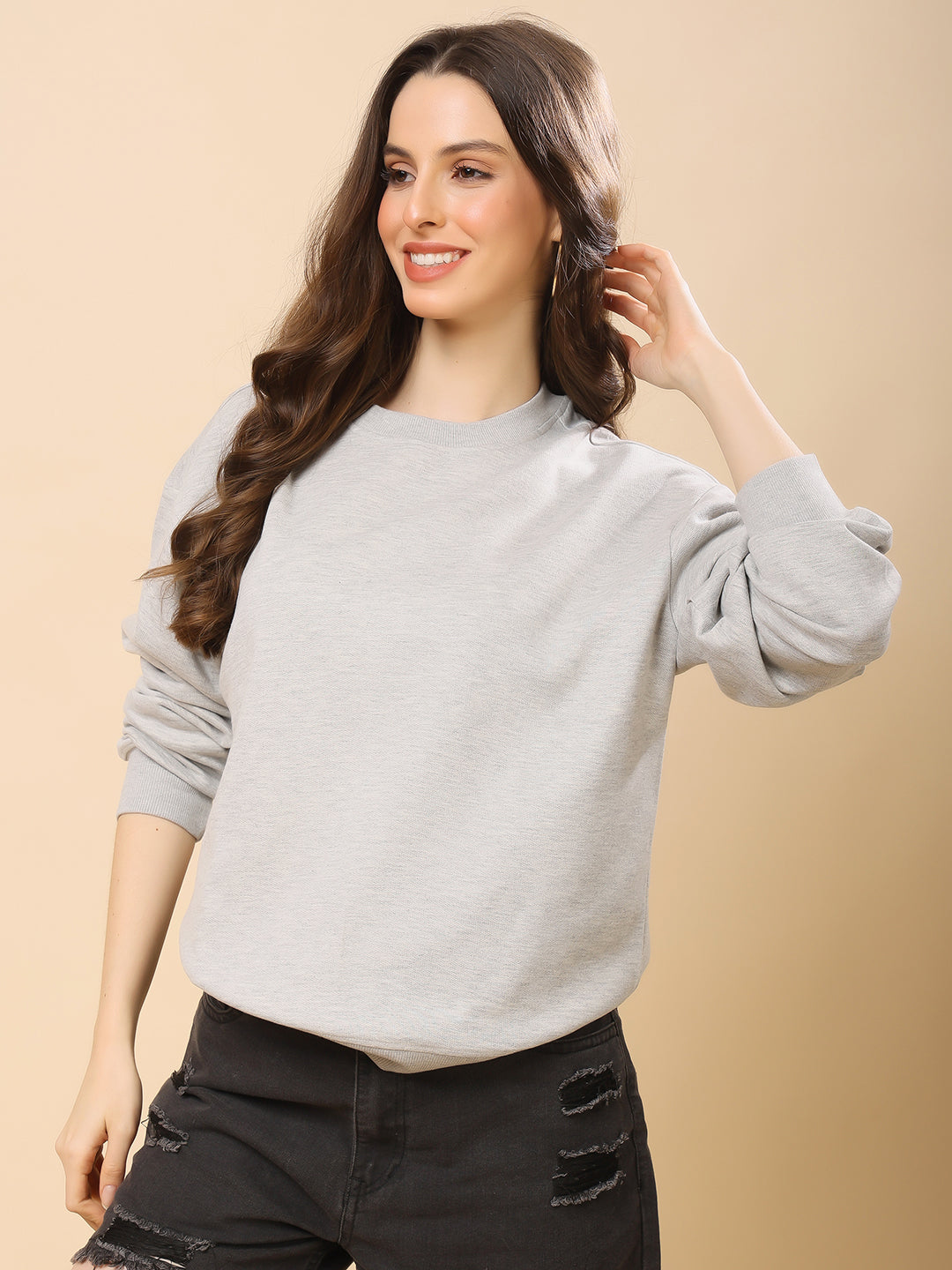 Women Relaxed Fit Sweatshirt-Grey Melange