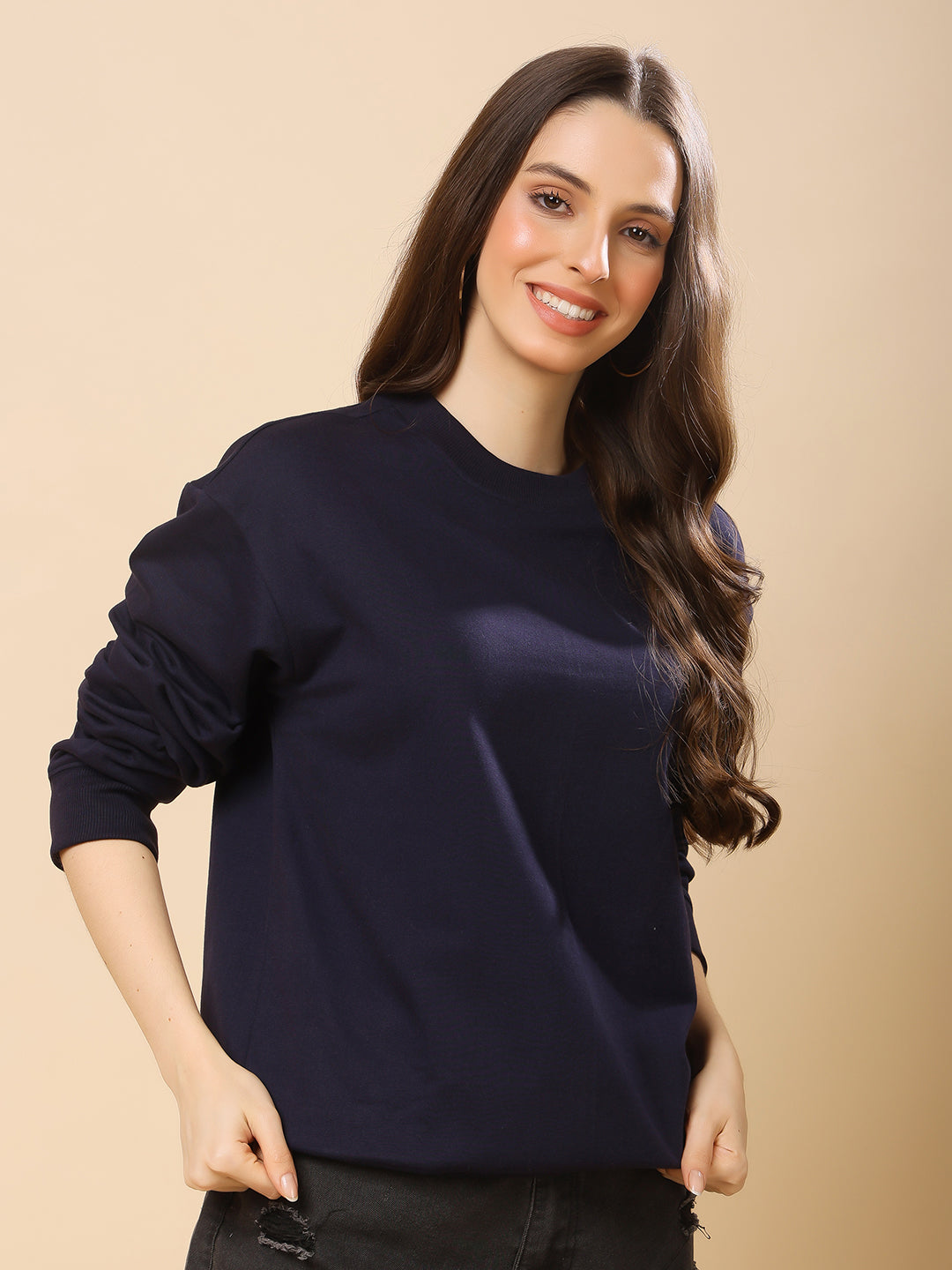 Women Relaxed Fit Sweatshirt-Navy Blue