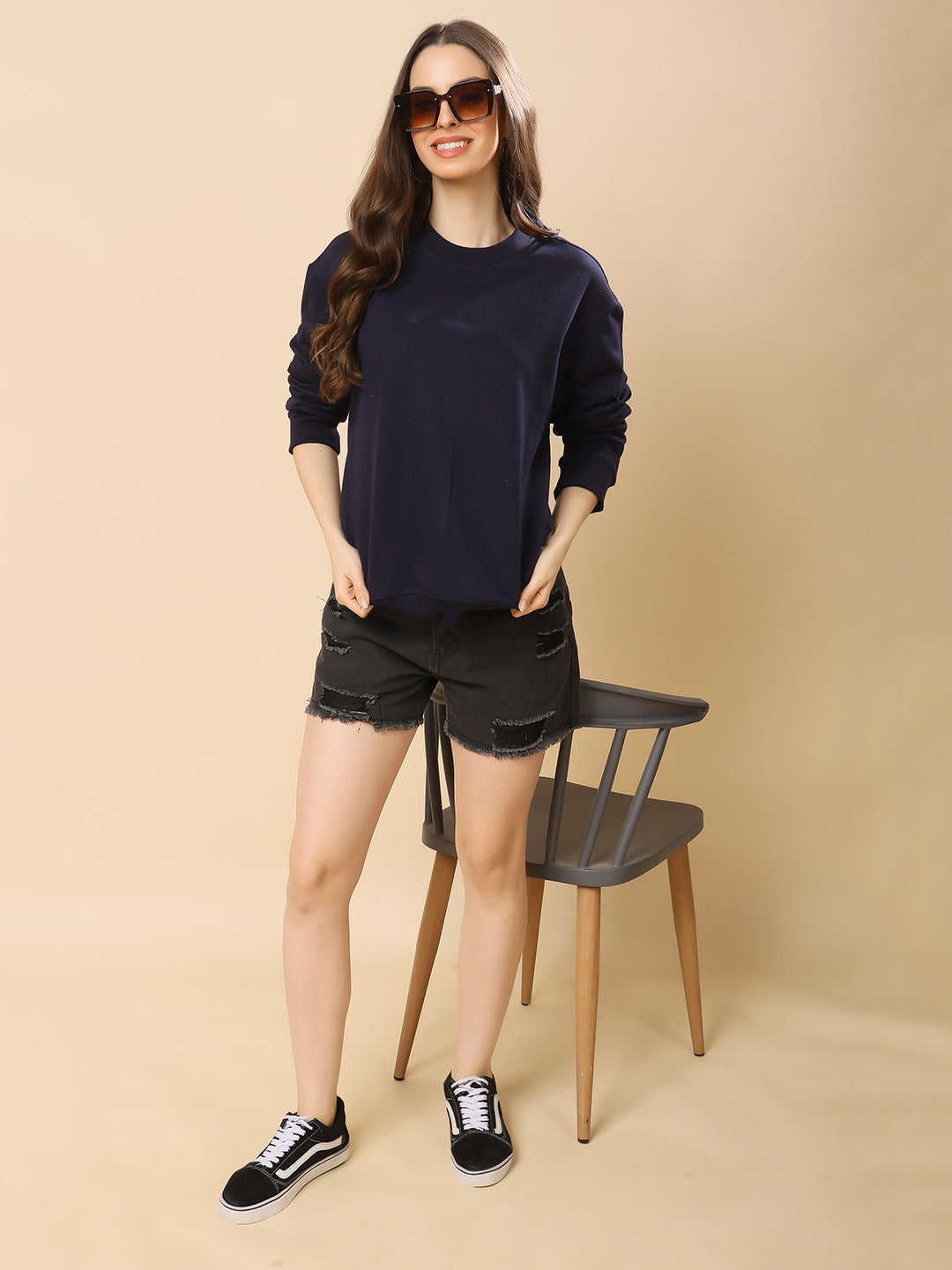 Women Relaxed Fit Sweatshirt-Navy Blue