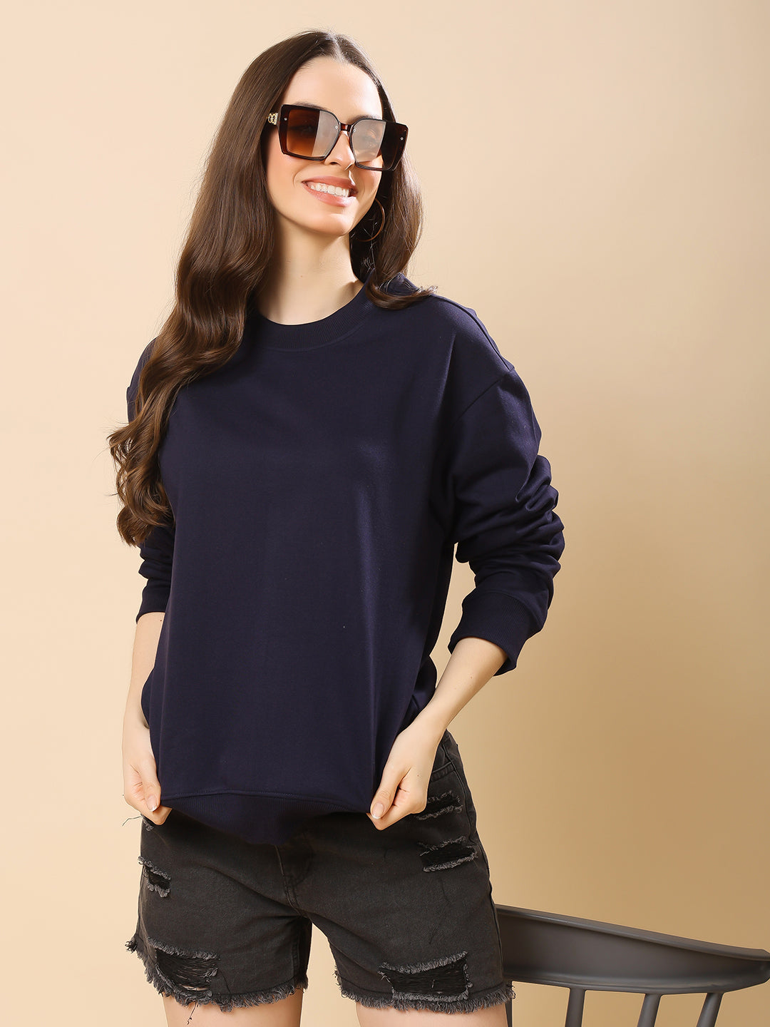 Women Relaxed Fit Sweatshirt-Navy Blue