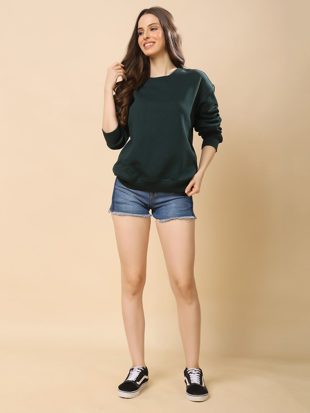 Women Relaxed Fit Sweatshirt-Bottle Green