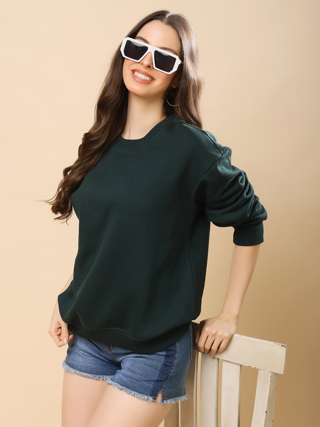 Women Relaxed Fit Sweatshirt-Bottle Green