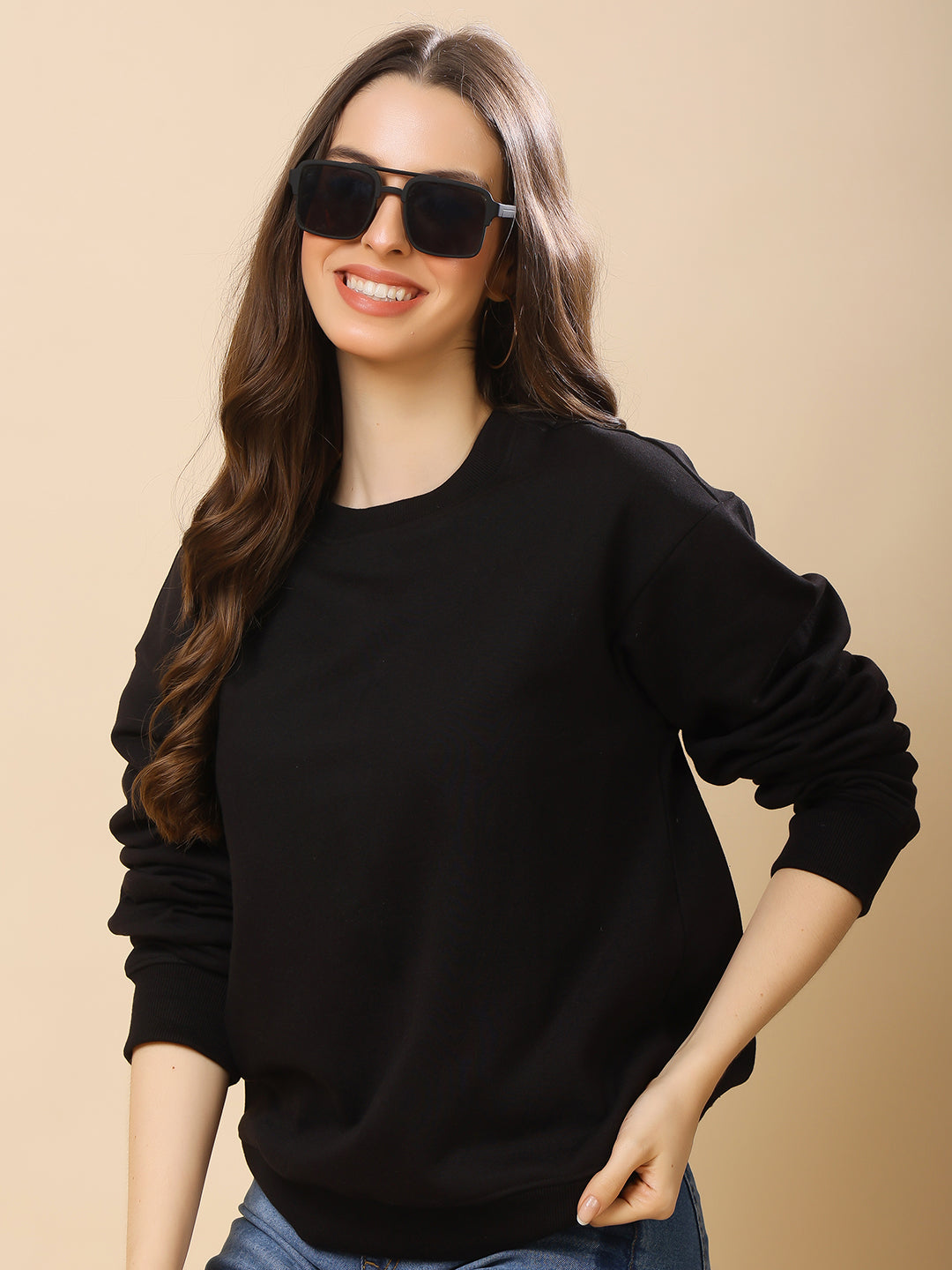 Women Relaxed Fit Sweatshirt-Black