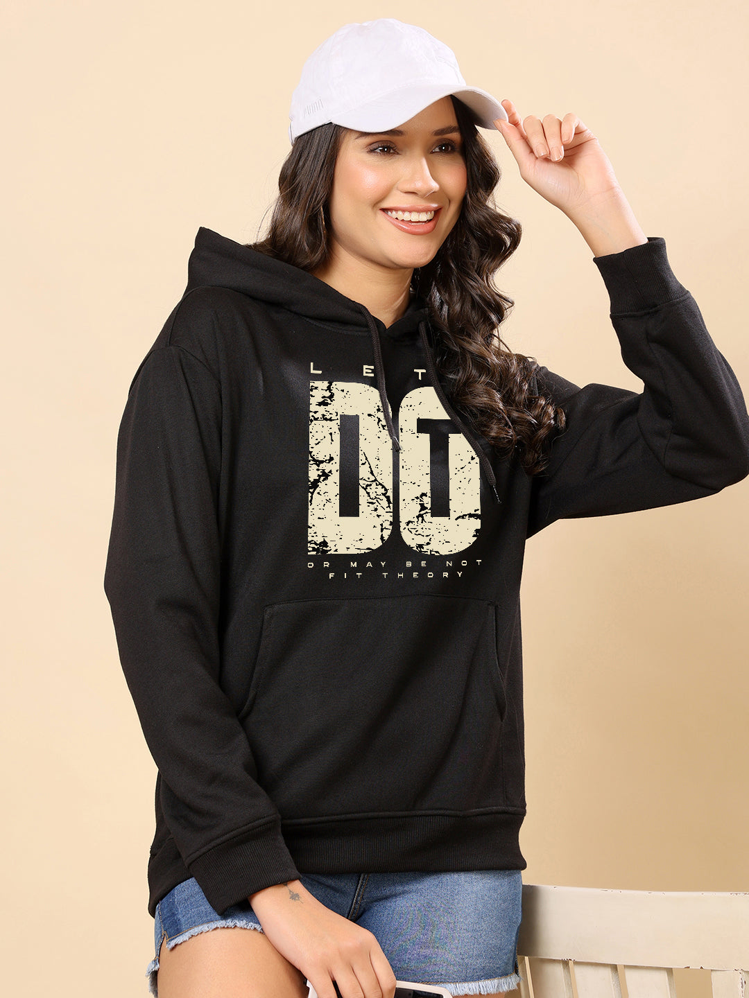 Women Relaxed Fit Hooded Sweatshirt-Black Lets Do it