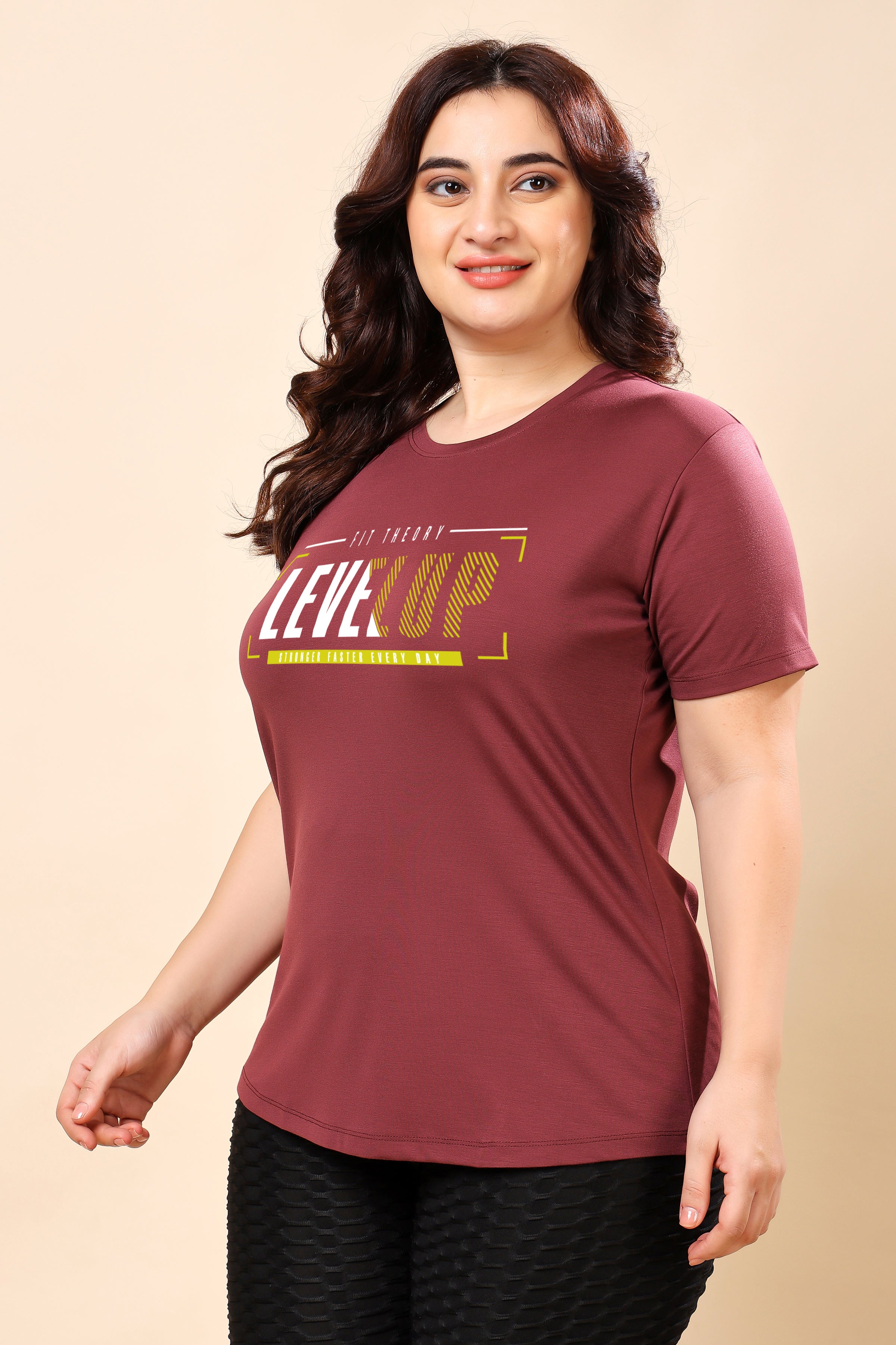 TheFitFusion Half Sleeve Top - Maroon Level Up