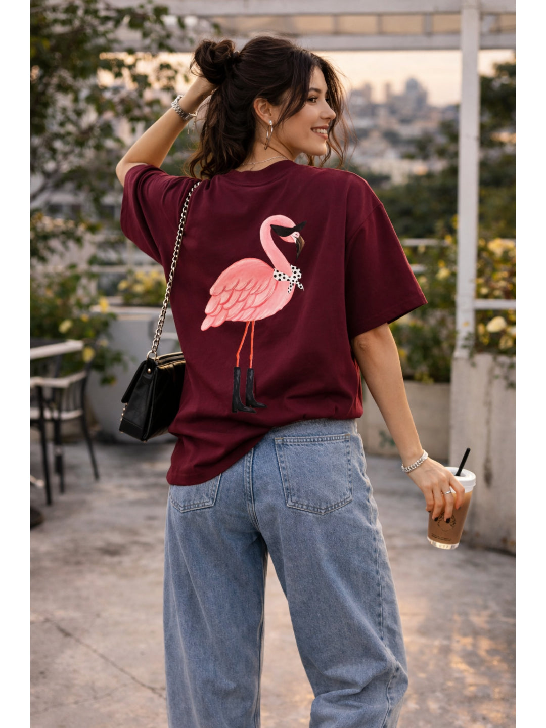 Women Oversized Boxy Fit T-shirt-Maroon Flamingo