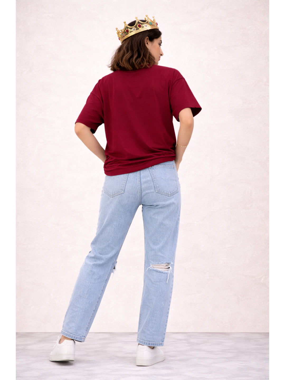 Women Oversized Boxy Fit T-shirt-Maroon Queen Mode On