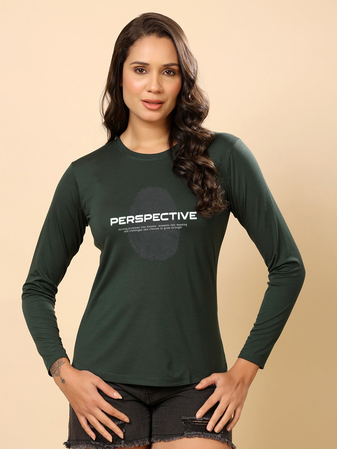 Women Printed Full Sleeves T-shirt-Bottle Green Perspective
