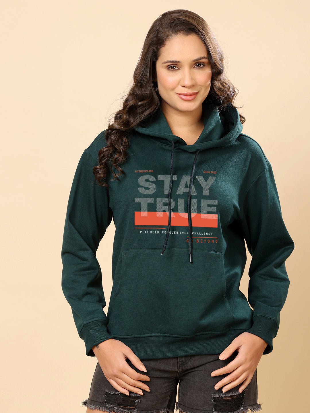 Women Relaxed Fit Hooded Sweatshirt-Bottle Green Stay True