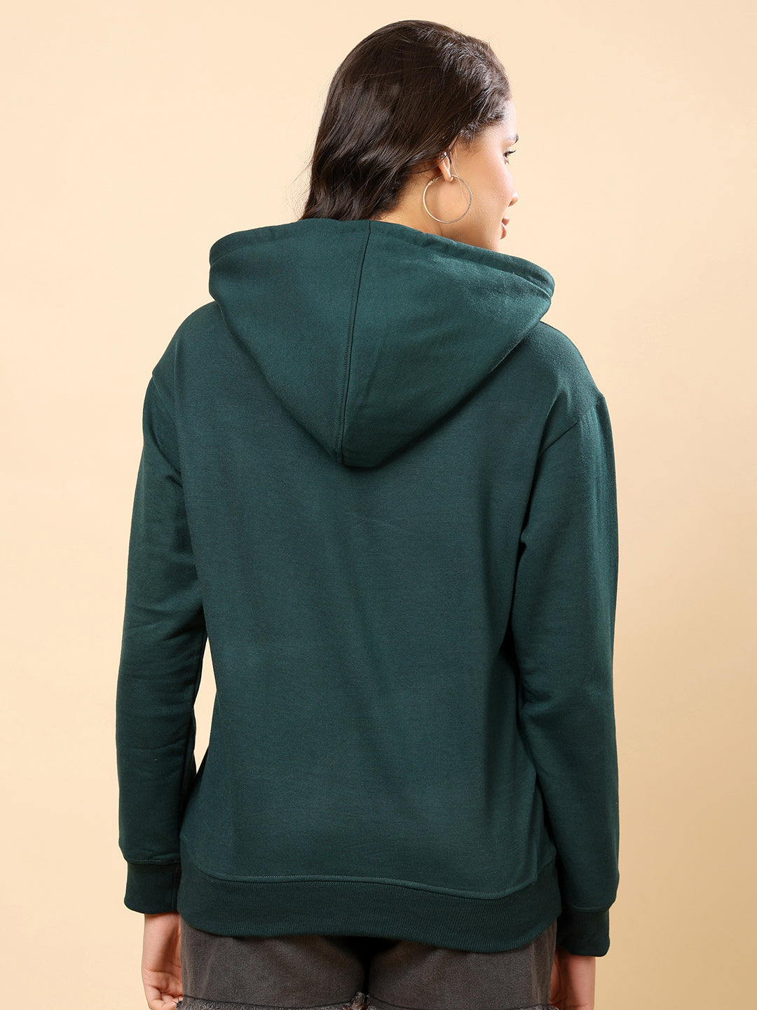 Women Relaxed Fit Hooded Sweatshirt-Bottle Green Perspective