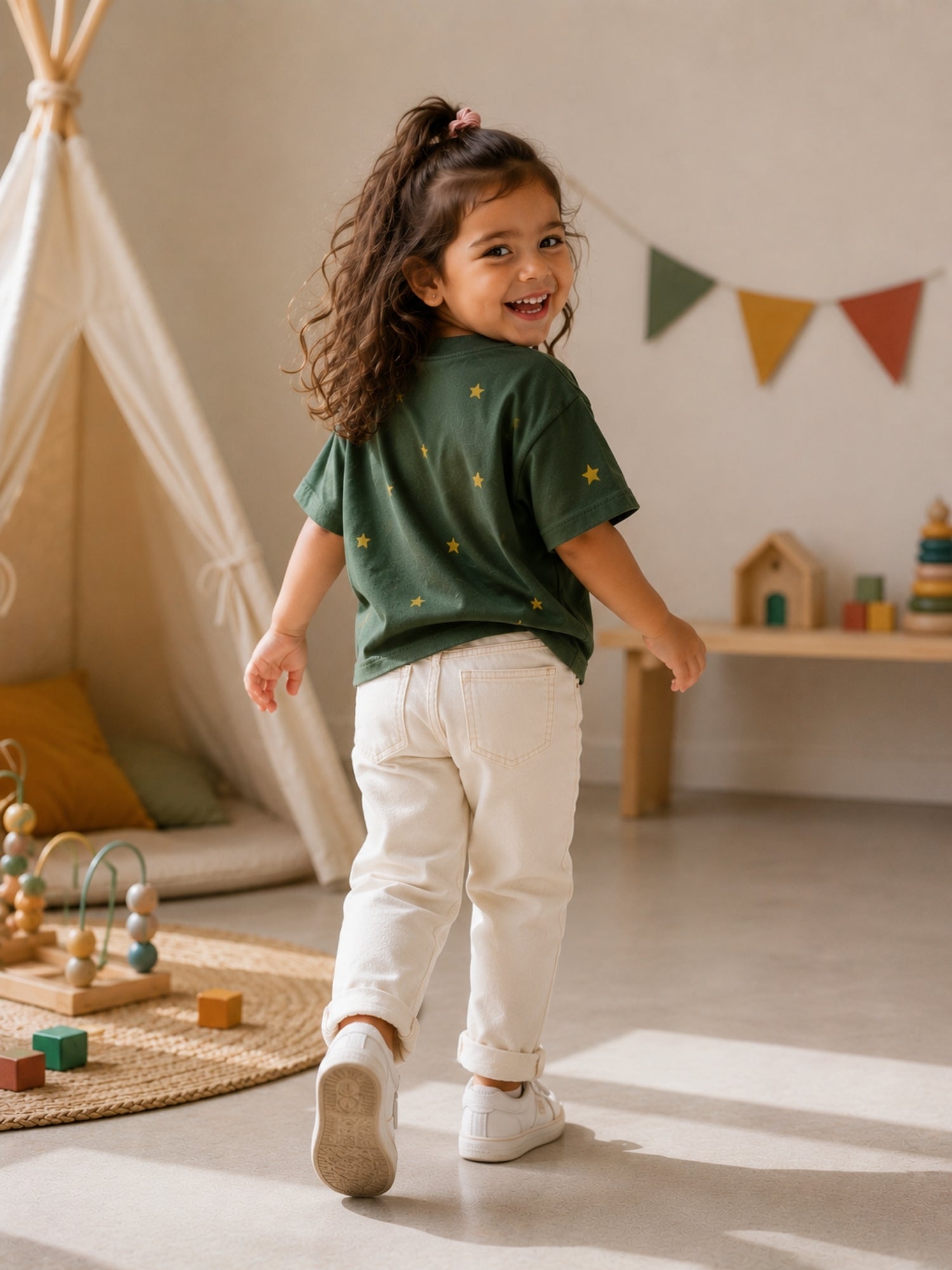 Girls Oversized Boxy T-Shirt - Green Golden Star