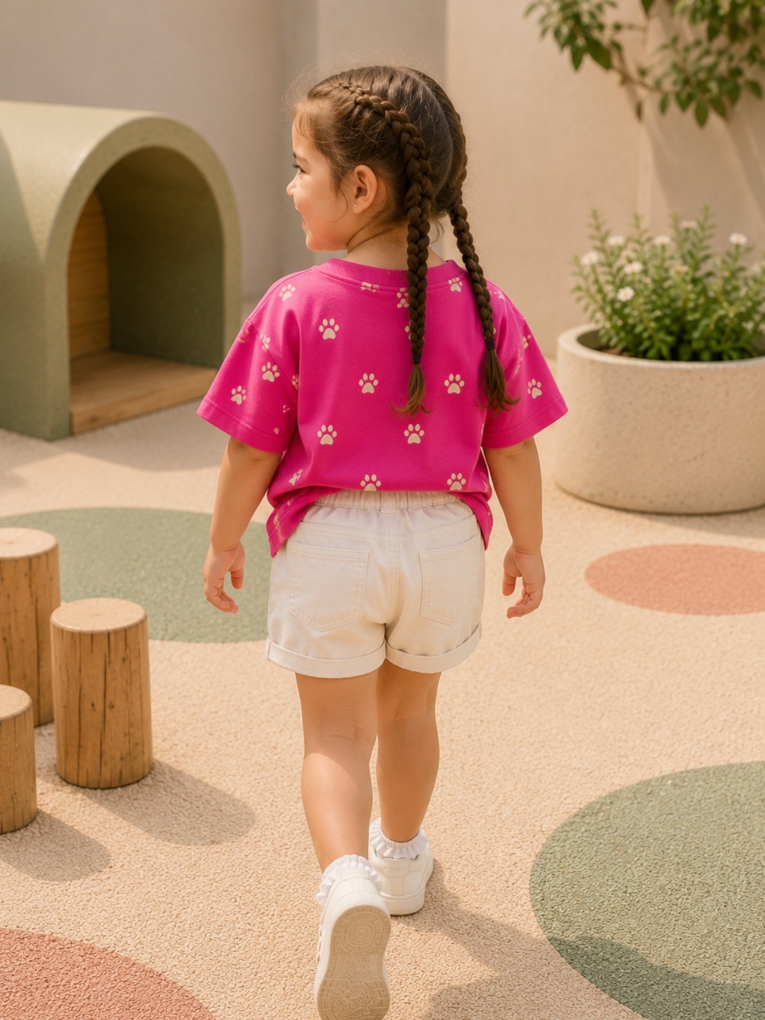 Girls Oversized Boxy T-Shirt - Magenta Pink Paw
