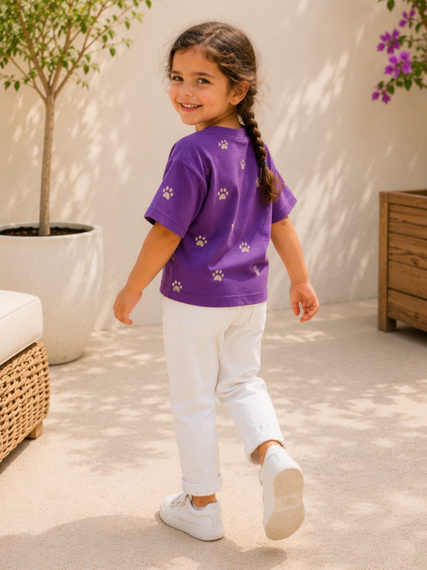 Girls Oversized Boxy T-Shirt - Purple Paw