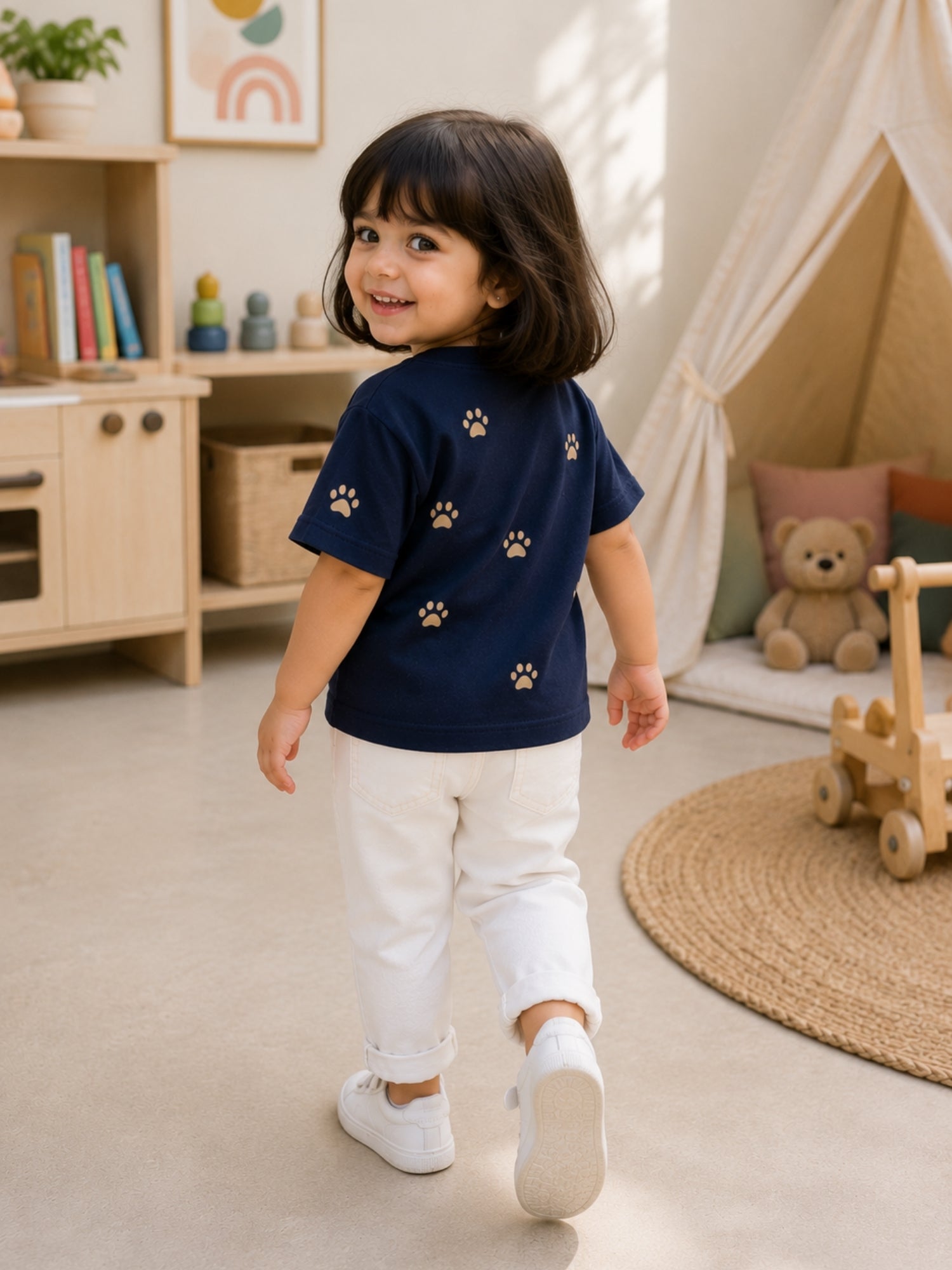 Girls Oversized Boxy T-Shirt - Navy Blue Paw