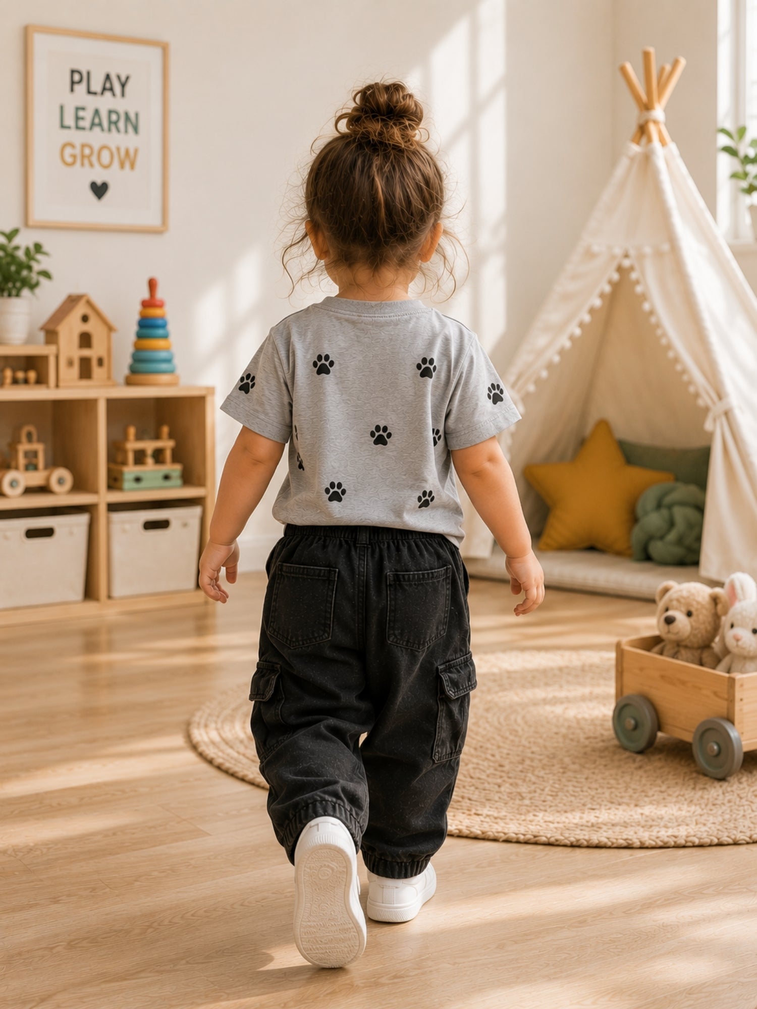Girls Oversized Boxy T-Shirt - Grey Melange Paw