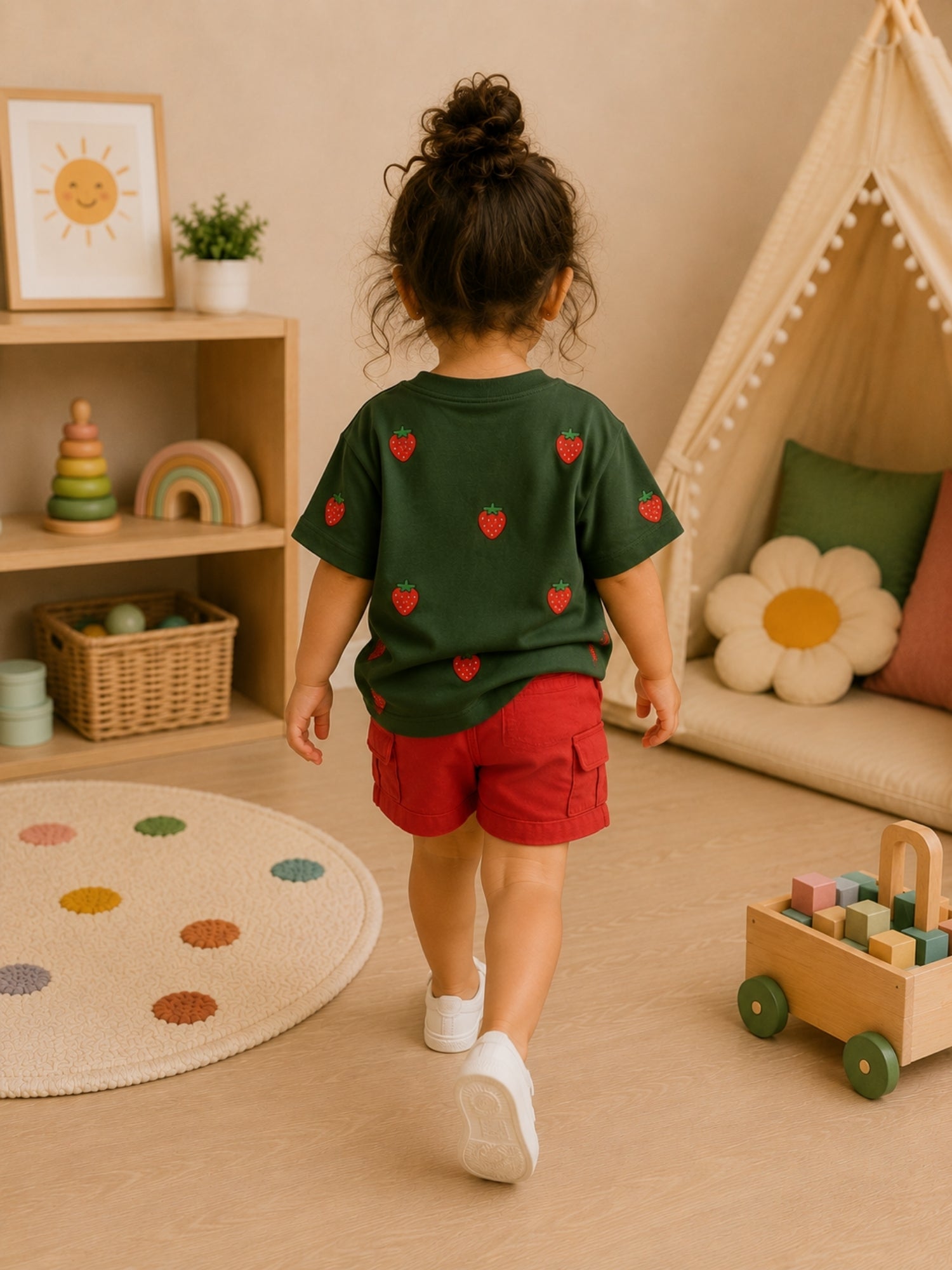 Girls Oversized Boxy T-Shirt - Green Strawberries