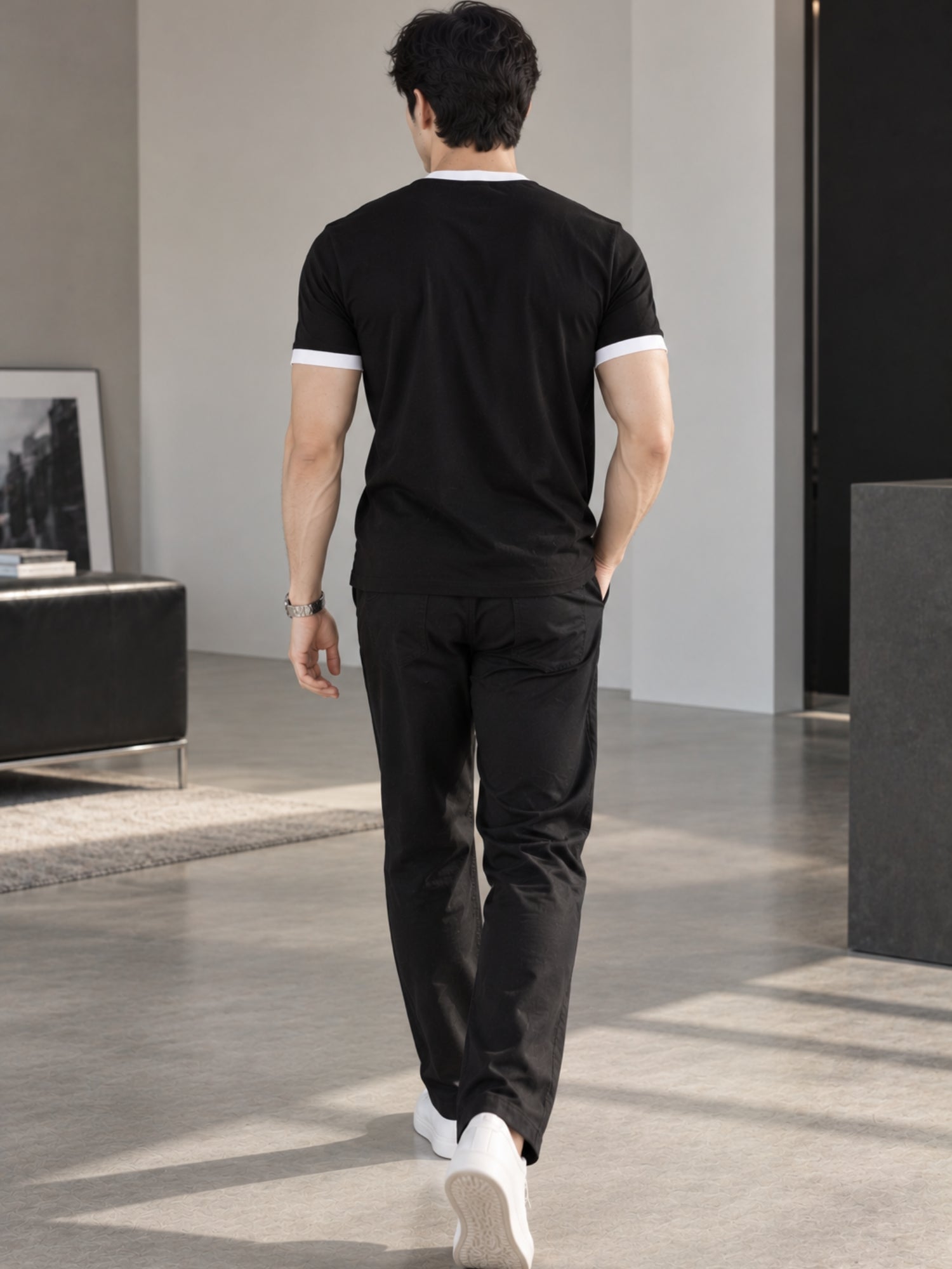 Men Cotton Regular T-Shirt - Black White