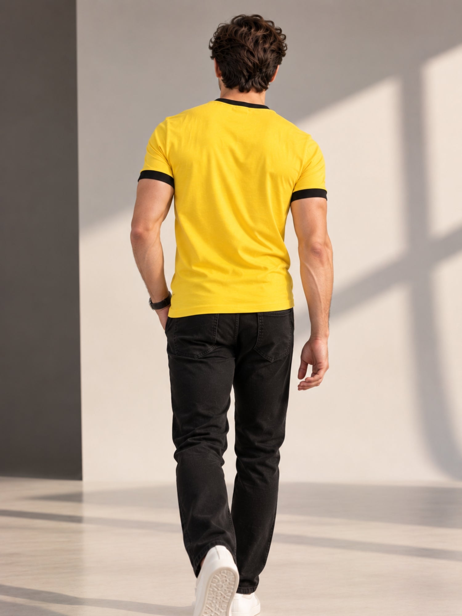 Men Cotton Regular T-Shirt - Yellow Black