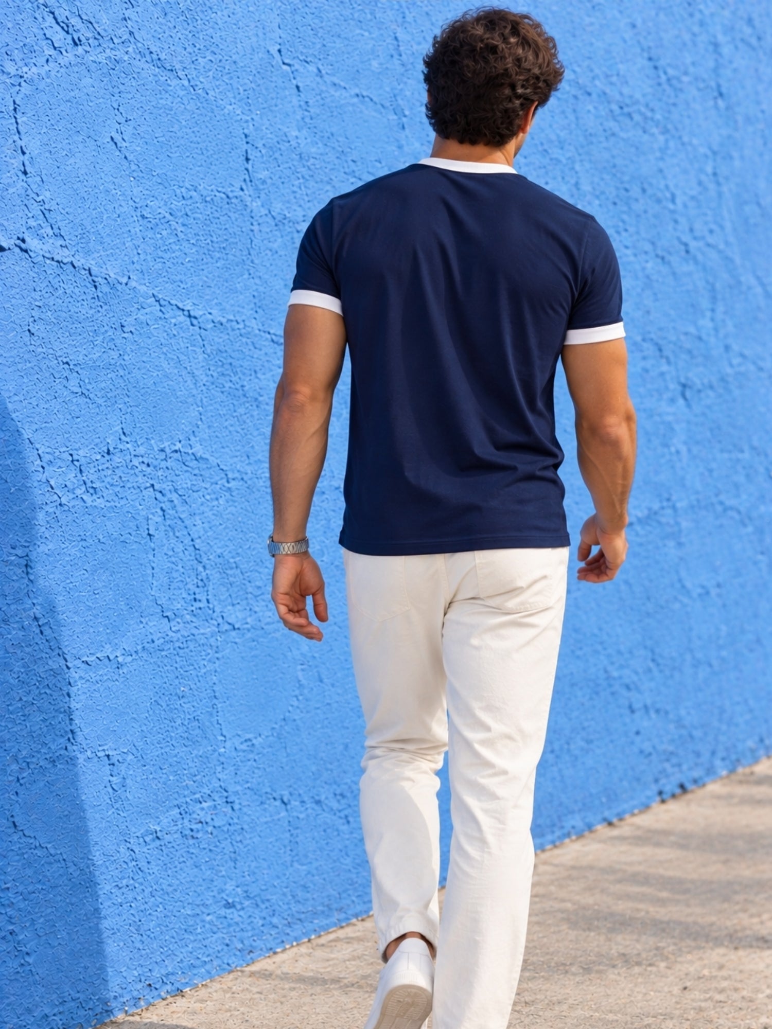 Men Cotton Regular T-Shirt - Navy Blue White