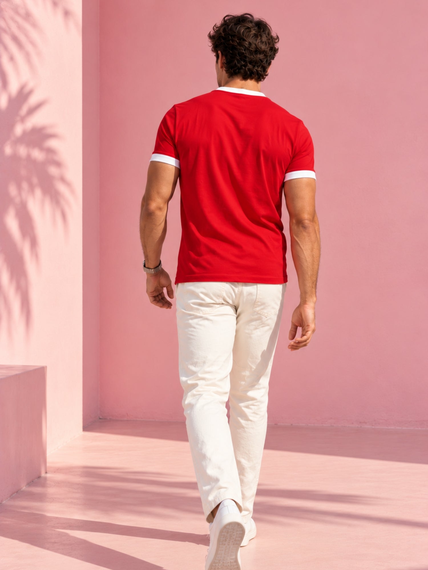 Men Cotton Regular T-Shirt - Red White