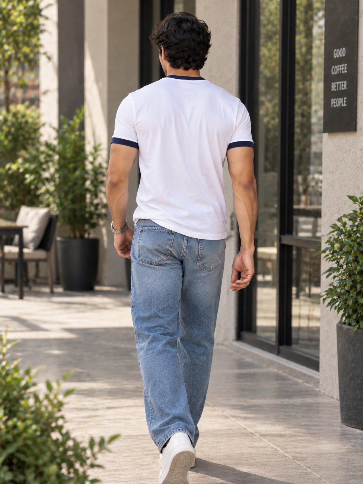 Men Cotton Regular T-Shirt - White Navy Blue