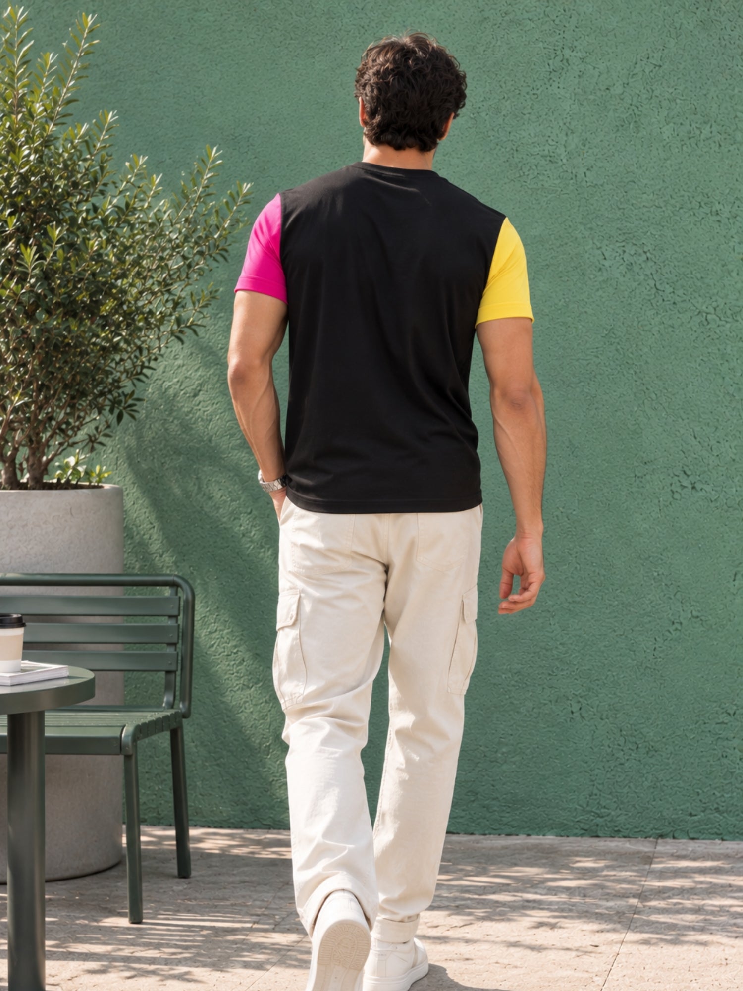 Men Cotton Regular T-Shirt - Black Magenta Pink Yellow