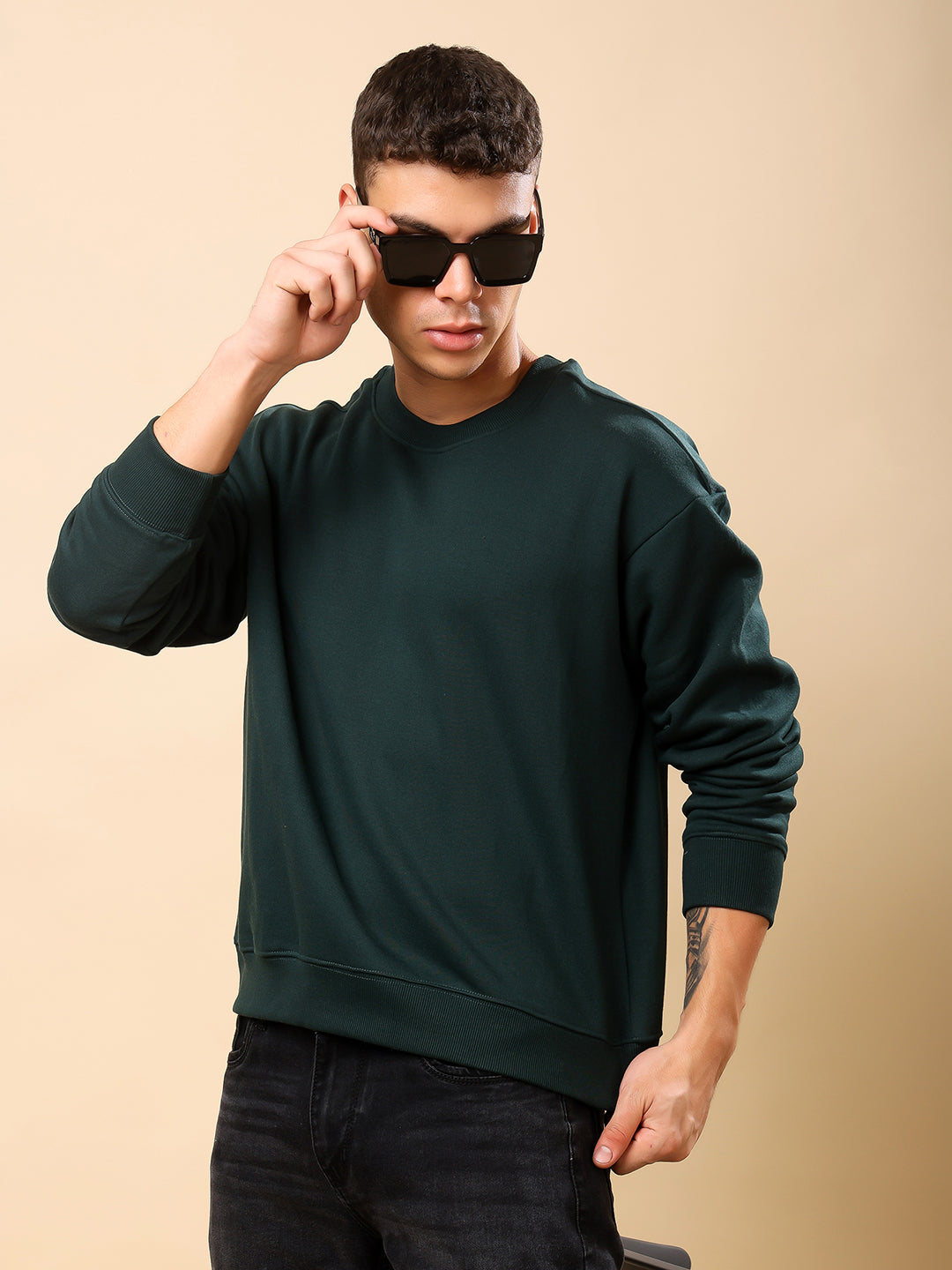 Men Relaxed Fit Sweatshirt-Bottle Green